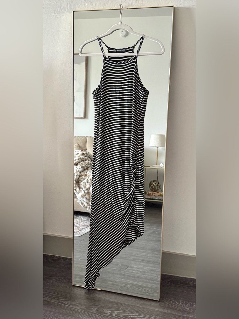 Popular 21 Striped Ruched Asymmetrical Midi Dress Halter Neck Black White